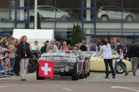 Das Feld der Austin-Healey 100 und 3000 wartet auf die Startfreigabe - am 24. Oldtimer Grandprix Safenwil 2015