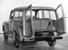 Morris Minor Stationswagen (1955) - Seitenansicht, hinten-links, Kofferraum