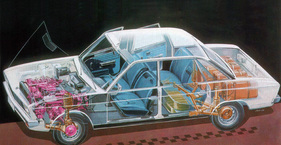 NSU K 70 (1968) - die NSU-Ingenieure hatten die Konstruktion weitgehend vorgegeben, Volkswagen verbesserte nur im Detail (Durchsichtszeichnung)