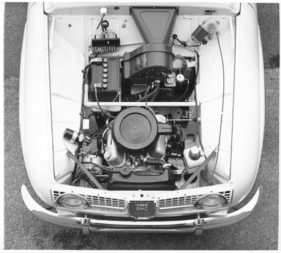 Saab 96 (1967) - der V4-Motor mit 1'498 cm3 und 73 PS vor der Vorderachse, gute Zugänglichkeit zu allen relevanten Komponenten war garantiert