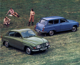 Saab 96 (1972) - der Sedan und das Kombimodell 95 auf einer Abbildung des damaligen Verkaufsprospektes