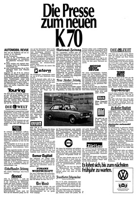 VW K 70 (1970) - Werbung in der Schweiz - die Presse zum K70 - es lohnt sich zu warten