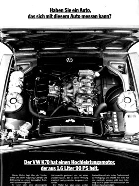 VW K 70 (1971) - Werbung in Deutschland - mit Hochleistungsmotor, der 90 PS aus 1,6 Litern holt