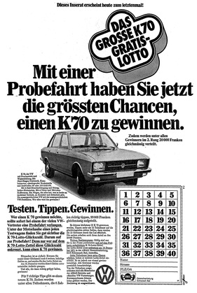 VW K 70 (1971) - Werbung in der Schweiz - Gratis-K70-Lotto