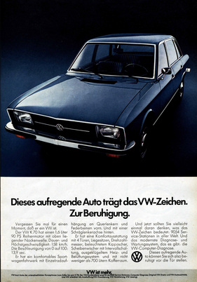 VW K 70 (1972) - Werbung in Deutschland - VW-Zeichen zur Beruhigung