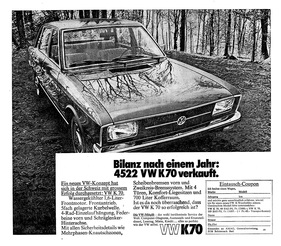 VW K 70 (1972) - Werbung in der Scheiz - 4522 K70 verkauft