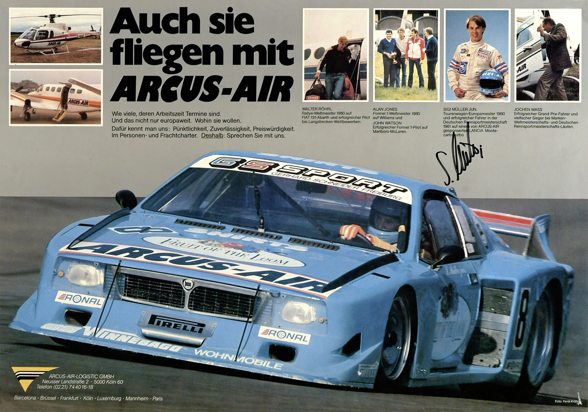 Werbeplakat der Arcus-Air mit Sigi Müller jun. im Lancia Montecarlo von 1981, sowie Walter Röhrl, Jochen Mass und Alan Jones als Werbeträgern