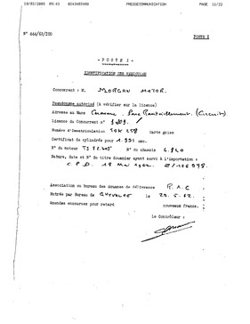 Anmeldung/Abnahme (Scrutineering Report) für den Morgan Plus 4 von 1961 bei den 24 Stunden von Le Mans 1962 Anmeldung/Abnahme (Scrutineering Report) für den Morgan Plus 4 von 1961 bei den 24 Stunden von Le Mans 1962