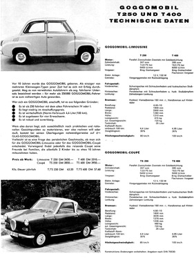 Glas Goggomobil Limousine und Coupé 250 und 400 - technische Daten und Preise (1965) Glas Goggomobil Limousine und Coupé 250 und 400 - technische Daten und Preise (1965)