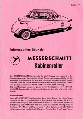 Informationsblatt Messerschmitt KR 200 von 1956 - Franz AG Schweiz Informationsblatt Messerschmitt KR 200 von 1956 - Franz AG Schweiz