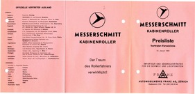 Messerschmitt Händlerverzeichnis und Preisliste Schweiz 1956 Messerschmitt Händlerverzeichnis und Preisliste Schweiz 1956