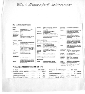 Messerschmitt KR 175 von 1953 - technische Daten Messerschmitt KR 175 von 1953 - technische Daten