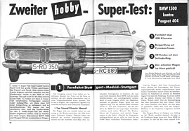 Testbericht: BMW 1500 kontra Peugeot 404 - im zweiten Supertest - Hobby 10/1963 - Seiten 62 und 63