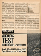 Testbericht: Vergleichstest Mittel­klasse 2.Teil: Audi, Ford 17M, Glas 1700, Opel Rekord, VW 1600TL (auto motor und sport / Nr. 1 / 1966 - Seite 14)