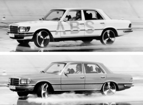ABS-Versuche mit der Mercedes-Benz S-Klasse - man sieht unten, wie das Vorderrad blockiert