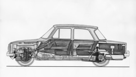 Alfa Romeo Giulia (1963) - klassische Konzeption mit Motor vorne und Antrieb hinten, Durchsichtszeichnung