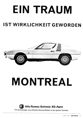 Alfa Romeo Montreal (1972) - auf einer Werbung für die Schweiz - ein Traum ist Wirklichkeit geworden