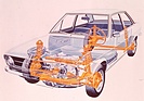 Image: Audi 80 (1972) - See-through drawing with focus on the chassis