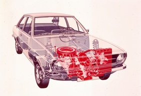 Audi 80 (1972) – Durchsichtszeichnung mit Augenmerk auf den Motor