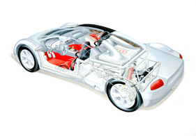 Audi Avus Quattro (1991) – Die Durchsichtszeichnung zeigt den zweigeteilten Rohrrahmen, die theoretische Einbauposition des W12 sowie die Doppelquerlenker-Radaufhängung