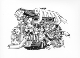 Audi Quattro (1980) - Fünfzylindermotor mit Turbolader  Durchsichtszeichnung