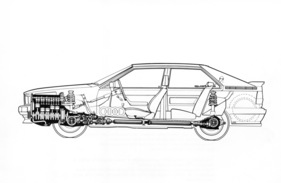 Audi Quattro (1980) - Schnittzeichnung zeigt das zusätzliche Differential zwischen Vorder- und Hinterachse