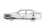 Audi Quattro (1980) - Schnittzeichnung zeigt das zusätzliche Differential zwischen Vorder- und Hinterachse