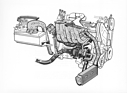Audi Quattro (1980) - der Fünfzylindermotor auf einer Skizze - die Luft wird im Ladeluftkühler auf 50 Grad heruntergekühlt