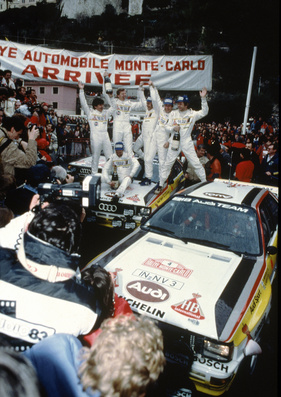 Audi Quattro A2 (1984) - Walter Röhrl und Co-Pilot Christian Geistdörfer standen 1984 bei der Rallye Monte Carlo ganz oben auf dem Treppchen. Blomqvist/Cederberg und Mikkola/Hertz sorgten mit den Plätzen 2 und 3 für den legendären Dreifach-Sieg für Audi (1984)