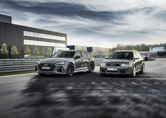 Audi RS 6 Avant performance in Nardo gray, next to the Audi RS 6, 1st generation - 40 years of Audi Sport GmbH
