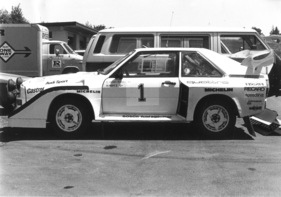 Audi Sport Quattro E2 (1985) - frisch homologiert und Weltpremiere bei der Olympus Rallye (4. bis 7. Juli 1985) in den USA. Sieg für Hannu Mikkola. Da die Olympus in dem Jahr nicht zur Rallye WM zählte, kann man den Auftritt nur als Test und PR-Aktion betrachten