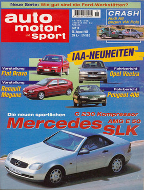 Auf dem Weg zum SLK 200/230 - Mercedes-Benz SLK als Prototyp auf dem Titelblatt von "auto motor und sport" im Jahr 1995