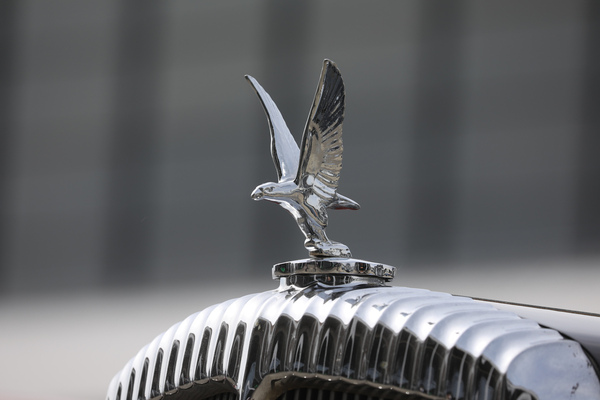 Ausgeflogen? Elegante Kühlerfigur auf dem Besucherparkplatz - Klassikwelt Bodensee 2023