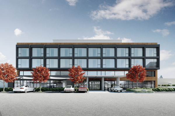 Aussenansicht der Autohalle (Rendering)