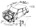 Austin Mini (1957) - eine der frühen Skizzen von Issigonis, der Kühler liegt noch rechts (ungefähr 1957)