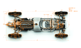 Auto Union Typ C (1936) - "Rolling Chassis" mit der darübergelegten Konstruktionszeiczhnung - Kühler, Fahrer, Tank, Motor , Differential, Getriebe sind angeordnet wie bei heutigen GP-Fahrzeugen