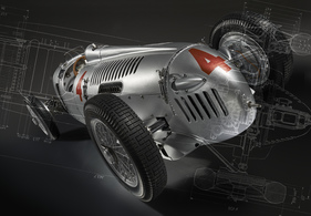 Bild Auto Union Typ C in einem digitalen Gemälde, basierend auf einem Foto von Ben Wiesenthal, der technischen Zeichnung von Janos Rakoszi und dem Grafiker Guido Herrmann - Ausstellung "Kunst und Technik - eine neue Einheit"