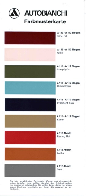 Autobianchi A 112 - Farbpalette/Farbtabelle (1973)