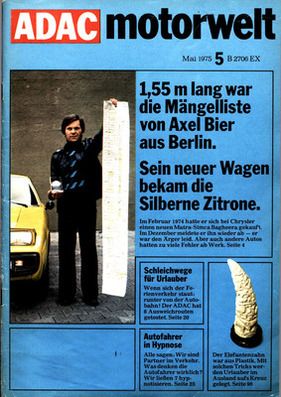 Axel Bier und sein Matra-Simca Bagheera auf der Titelseite der ADAC Motorwelt 5/1975