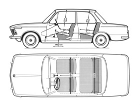 BMW 1600 (1966) - viel Nutzraum im kompakten Sportler - Skizze mit Abmessungen