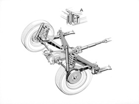 BMW 2000 (1966) – Hinterache der Zweiliter-Modelle: Delta-Träger über drei Gummilager abgestützt