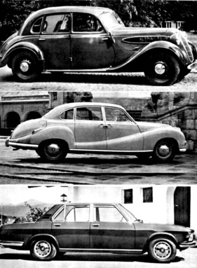 BMW 2800 (1968) - drei Generationen BMW-Limousinen, oben BMW 328 von 1938, Mitte BMW 501 von 1951, unten BMW 2800 von 1968 (1968)