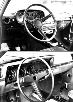 BMW 2800 gegen Opel Diplomat E von 1970 - alles im Blickfeld bei BMW, aber Blinkerhebel recht - Hauptinstrumente beim Opel zu tief unter der Schalterliste positioniert, Scheibenwischerhebel nicht gut erreichbar