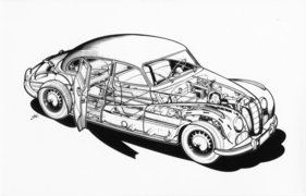 BMW 501 (1953) - Durchsichtszeichnung - die windschlüpfrige Karosserie bietet bei sehr komfortabler Geräumigkeit und gediegener Innenausstattung sechs Personen bequem Platz