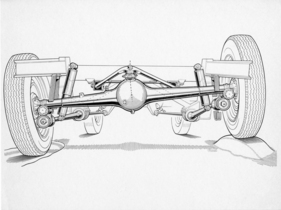 BMW 501 (1955) - Technische Skizze - Federung der Hinterachse - durch geschickte Wahl der Anlenkpunkte und Länge des Verbindungsgliedes zwischen Federhebel und Hinterachsbrücke wird eine progressiv wirkende Federung geschaffen