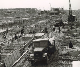 Construction began in 1955 - foundations had to be laid in long slabs, otherwise the building might have sunk into the boggy ground
