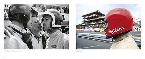 Beispiel-Doppelseite aus dem Buch: Schlegelmilch Sportscar Racing 1962-1973: Dan Gurney, Carroll Shelby und Bob Bondurant (links), Herbert Müller (rechts)