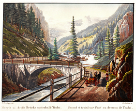 Bergidyll vor der Epoche der Motorisierung: Postkarte der Stilfser-Joch-Strasse anno 1880, die zwischen Gomagoi und Trafoi mit zwei Brücken über den wilden Trafoi-Bach führte. Bergidyll vor der Epoche der Motorisierung: Postkarte der Stilfser-Joch-Strasse anno 1880, die zwischen Gomagoi und Trafoi mit zwei Brücken über den wilden Trafoi-Bach führte.
