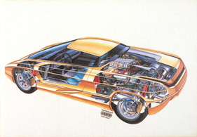 Bertone Nivola (1990) – Durchsichtszeichnung. Im Heck der DOHC-V8 des Chevrolet Corvette ZR-1 sowie das ZF-Fünfganggetriebe