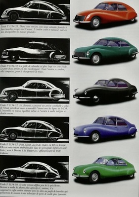 Bertoni-Entwürfe und moderne grafische Umsetzungen. Alle zeigen noch bombierte Flächen um die Räder